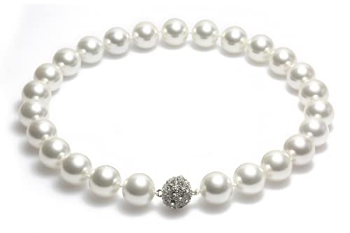 Schmuckwilli Perlenkette für Damen Magnetverschluß - 45cm Länge mit 16mm großen weißen runden Mallorca Perlen - Muschelkernperlen Kette für jeden Anlass - die Halskette Pearl Necklace für Frauen von Schmuckwilli