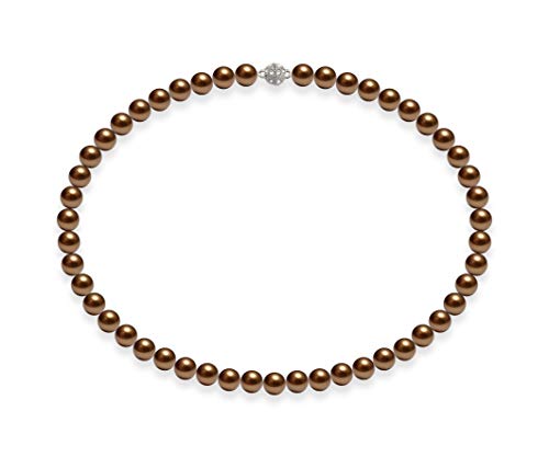 Schmuckwilli Perlenkette für Damen Magnetverschluß - 45cm Länge mit 8mm großen braunen runden Mallorca Perlen - Muschelkernperlen Kette für jeden Anlass - die Halskette Pearl Necklace für Frauen von Schmuckwilli