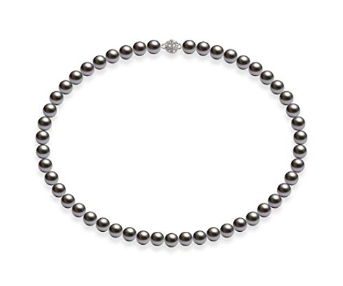 Schmuckwilli Perlenkette für Damen Magnetverschluß - 45cm Länge mit 8mm großen dunkel grauen runden Mallorca Perlen - Muschelkernperlen Kette für jeden Anlass - die Halskette Pearl Necklace für Frauen von Schmuckwilli