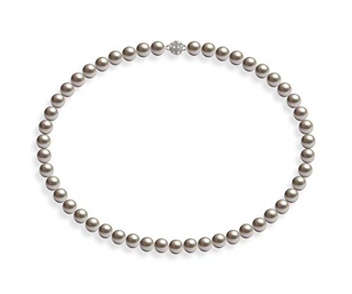 Schmuckwilli Perlenkette für Damen Magnetverschluß - 45cm Länge mit 8mm großen hell grauen runden Mallorca Perlen - Muschelkernperlen Kette für jeden Anlass - die Halskette Pearl Necklace für Frauen von Schmuckwilli