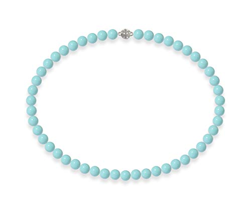 Schmuckwilli Perlenkette für Damen Magnetverschluß - 45cm Länge mit 8mm großen türkisen runden Mallorca Perlen - Muschelkernperlen Kette für jeden Anlass - die Halskette Pearl Necklace für Frauen von Schmuckwilli