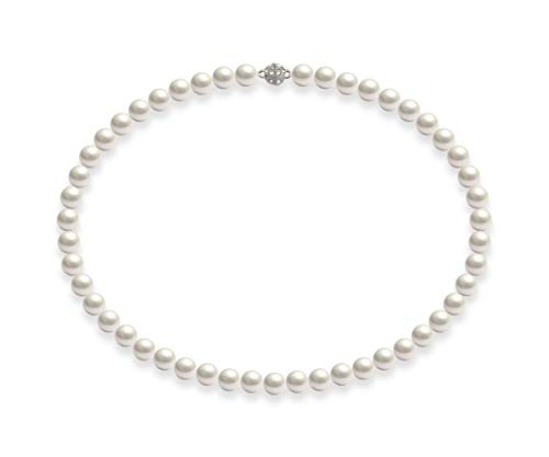Schmuckwilli Perlenkette für Damen Magnetverschluß - 45cm Länge mit 8mm großen weißen runden Mallorca Perlen - Muschelkernperlen Kette für jeden Anlass - die Halskette Pearl Necklace für Frauen von Schmuckwilli