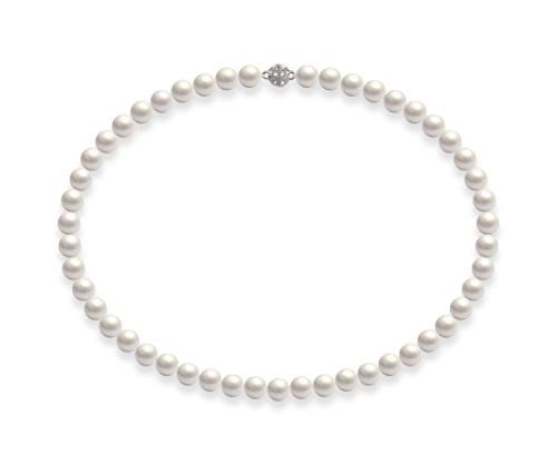 Schmuckwilli Perlenkette für Damen Magnetverschluß - 45cm Länge mit 8mm großen weißen runden Mallorca Perlen - Muschelkernperlen Kette für jeden Anlass - die Halskette Pearl Necklace für Frauen von Schmuckwilli
