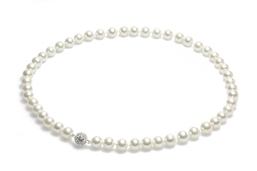 Schmuckwilli Perlenkette für Damen Magnetverschluß - 45cm Länge mit 8mm großen weißen runden Mallorca Perlen - Muschelkernperlen Kette für jeden Anlass - die Halskette Pearl Necklace für Frauen von Schmuckwilli