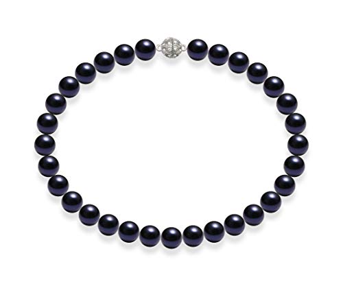 Schmuckwilli Perlenkette für Damen Magnetverschluß - 50cm Länge mit 14mm großen dunkel blauen runden Mallorca Perlen - Muschelkernperlen Kette für jeden Anlass - die Halskette Pearl Necklace für Frau von Schmuckwilli