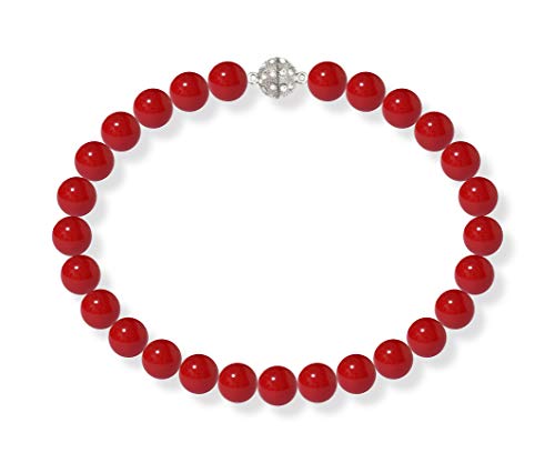 Schmuckwilli Perlenkette für Damen Magnetverschluß - 50cm Länge mit 16mm großen roten runden Mallorca Perlen - Muschelkernperlen Kette für jeden Anlass - die Halskette Pearl Necklace für Frauen von Schmuckwilli