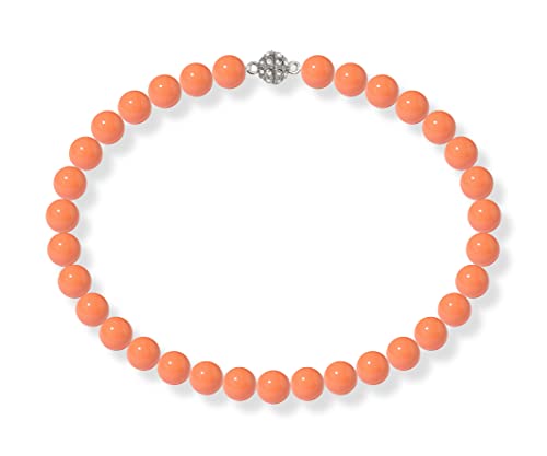 Schmuckwilli Perlenkette für Damen Magnetverschluß - 45cm Länge mit 12mm großen orangen runden Mallorca Perlen - Muschelkernperlen Kette für jeden Anlass - die Halskette Pearl Necklace für Frauen von Schmuckwilli