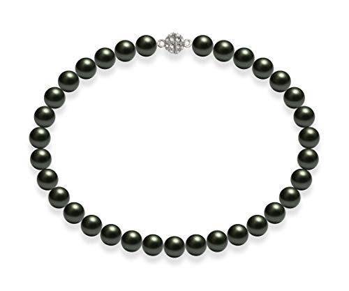 Schmuckwilli Perlenkette für Damen Magnetverschluß - 45cm Länge mit 12mm großen schwarzen runden Mallorca Perlen - Muschelkernperlen Kette für jeden Anlass - die Halskette Pearl Necklace für Frauen von Schmuckwilli