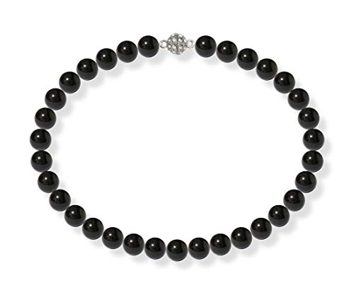 Schmuckwilli Perlenkette für Damen Magnetverschluß - 45cm Länge mit 12mm großen schwarzen runden Mallorca Perlen - Muschelkernperlen Kette für jeden Anlass - die Halskette Pearl Necklace für Frauen von Schmuckwilli