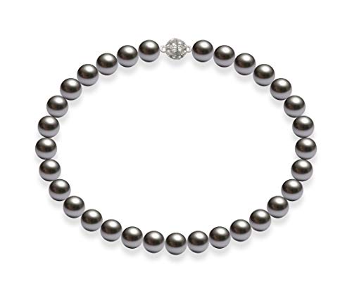 Schmuckwilli Perlenkette für Damen Magnetverschluß - 45cm Länge mit 14mm großen dunkel grauen runden Mallorca Perlen - Muschelkernperlen Kette für jeden Anlass - die Halskette Pearl Necklace für Frau von Schmuckwilli