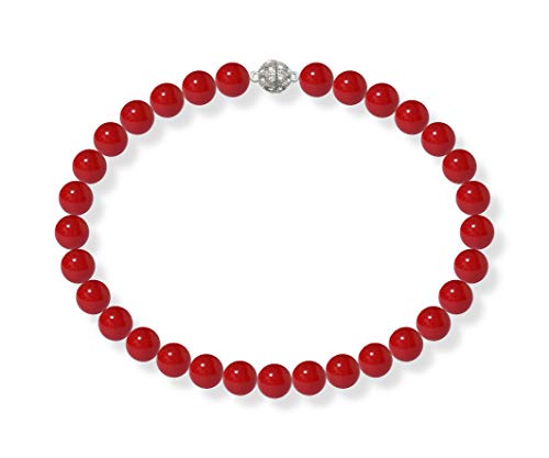 Schmuckwilli Perlenkette für Damen Magnetverschluß - 45cm Länge mit 14mm großen roten runden Mallorca Perlen - Muschelkernperlen Kette für jeden Anlass - die Halskette Pearl Necklace für Frauen von Schmuckwilli