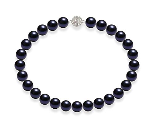 Schmuckwilli Perlenkette für Damen Magnetverschluß - 45cm Länge mit 16mm großen dunkel blauen runden Mallorca Perlen - Muschelkernperlen Kette für jeden Anlass - die Halskette Pearl Necklace für Frau von Schmuckwilli
