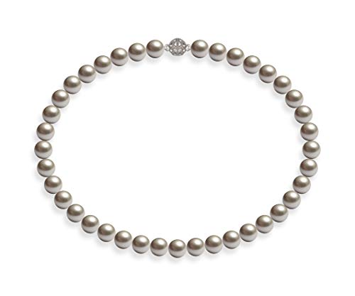 Schmuckwilli Perlenkette für Damen Magnetverschluß - 50cm Länge mit 10mm großen hell grauen runden Mallorca Perlen - Muschelkernperlen Kette für jeden Anlass - die Halskette Pearl Necklace für Frauen von Schmuckwilli