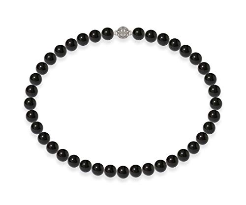 Schmuckwilli Perlenkette für Damen Magnetverschluß - 50cm Länge mit 10mm großen schwarzen runden Mallorca Perlen - Muschelkernperlen Kette für jeden Anlass - die Halskette Pearl Necklace für Frauen von Schmuckwilli