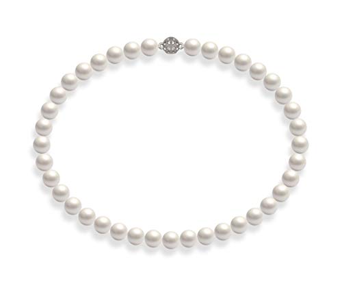 Schmuckwilli Perlenkette für Damen Magnetverschluß - 50cm Länge mit 10mm großen weißen runden Mallorca Perlen - Muschelkernperlen Kette für jeden Anlass - die Halskette Pearl Necklace für Frauen von Schmuckwilli