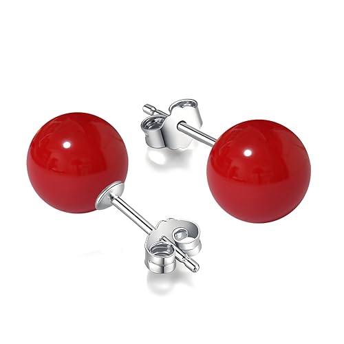 Schmuckwilli Perlenohringe für Damen & Mädchen - mit 10mm großen roten runden Muschelkernperlen MK Perlen - Elegante Ohrringe für jeden Anlass - Ohrstecker - Ohrhänger Pearl earrings für Frauen von Schmuckwilli