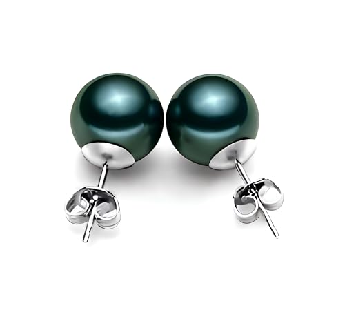 Schmuckwilli Perlenohringe für Damen & Mädchen - mit 12mm großen grün schwarzen runden Muschelkernperlen MK Perlen - Elegante Ohrringe für jeden Anlass - Ohrstecker - Ohrhänger Pearl earrings für Frau von Schmuckwilli