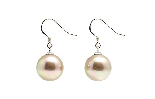 Schmuckwilli Perlenohringe für Damen & Mädchen - mit 16mm großen hell braunen runden Muschelkernperlen MK Perlen - Elegante Ohrringe für jeden Anlass - Ohrstecker - Ohrhänger Pearl earrings für Frauen von Schmuckwilli