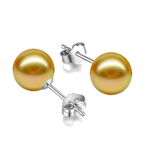 Schmuckwilli Perlenohringe für Damen & Mädchen - mit 8mm großen golden runden Mallorca Muschelkernperlen - Elegante Ohrringe für jeden Anlass - Ohrstecker - Ohrhänger Pearl earrings von Schmuckwilli