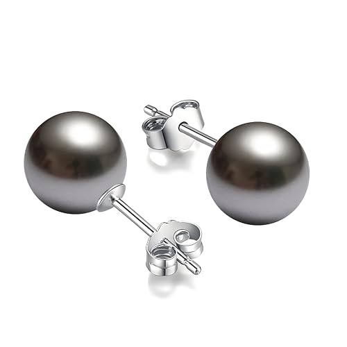Schmuckwilli Perlenohringe für Damen & Mädchen - mit 8mm großen grauen runden Muschelkernperlen MK Perlen - Elegante Ohrringe für jeden Anlass - Ohrstecker - Ohrhänger Pearl earrings für Frauen von Schmuckwilli