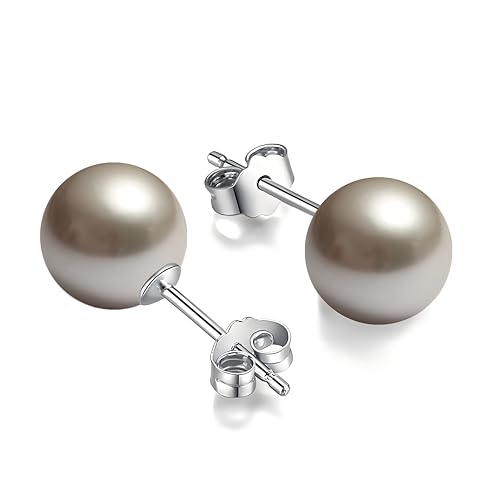 Schmuckwilli Perlenohringe für Damen & Mädchen - mit 8mm großen hell grauen runden Mallorca Muschelkernperlen - Elegante Ohrringe für jeden Anlass Ohrstecker Ohrhänger Pearl earrings von Schmuckwilli