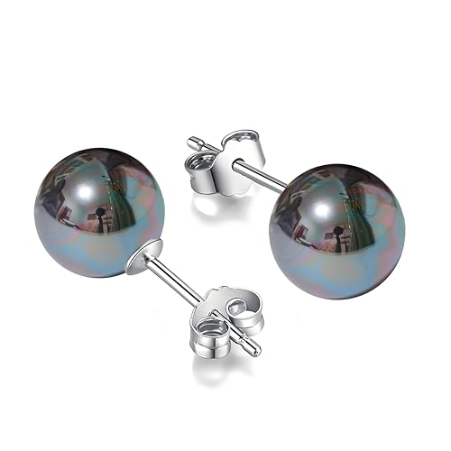 Schmuckwilli Perlenohringe für Damen & Mädchen - mit 8mm großen schwarzen runden Muschelkernperlen MK Perlen - Elegante Ohrringe für jeden Anlass - Ohrstecker - Ohrhänger Pearl earrings für Frauen von Schmuckwilli