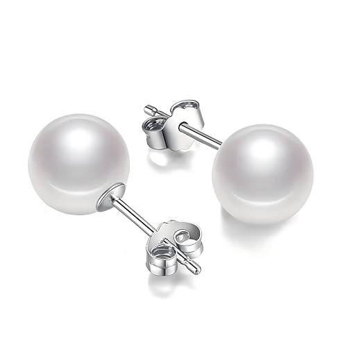 Schmuckwilli Perlenohringe für Damen & Mädchen - mit 8mm großen weißen runden Muschelkernperlen MK Perlen - Elegante Ohrringe für jeden Anlass - Ohrstecker - Ohrhänger Pearl earrings für Frauen von Schmuckwilli