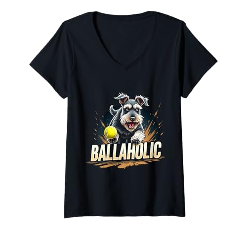 Damen Lustiger Ballaholic Schnauzer Hund Jagdball T-Shirt mit V-Ausschnitt Damen Lustiger Ballaholic Schnauzer Hund Jagdball T-Shirt mit V-Ausschnitt von Schnauzer Fun Designs