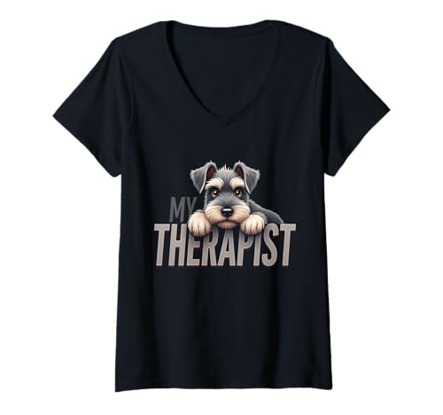 Damen Lustiger Schnauwelpe Mein Therapeut Schnauzer Hund T-Shirt mit V-Ausschnitt Damen Lustiger Schnauwelpe Mein Therapeut Schnauzer Hund T-Shirt mit V-Ausschnitt von Schnauzer Fun Designs