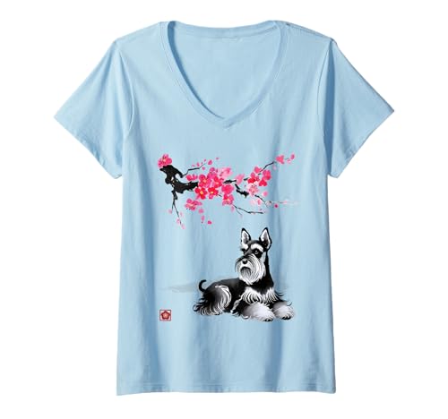 Damen Schnauzer Hund Kunst Japanisches Sumi-e Kirschblüten Motiv T-Shirt mit V-Ausschnitt von Schnauzer Hund Geschenke & Japanische Kunst
