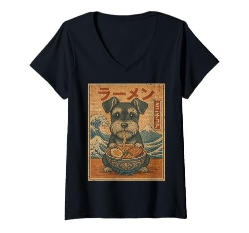 Damen Lustige Kawaii Ramen Japanische Nudeln Schnauzer Essen Ramen T-Shirt mit V-Ausschnitt von Schnauzer Lovers Cute Schnauzer Eating Ramen shirt