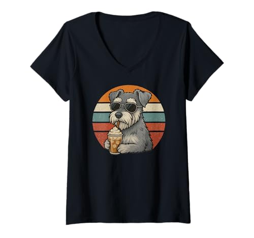 Damen Cooler Schnauzer mit Sonnenbrille trinkt Eiskaffee Retro T-Shirt mit V-Ausschnitt Damen Cooler Schnauzer mit Sonnenbrille trinkt Eiskaffee Retro T-Shirt mit V-Ausschnitt von Schnauzer Retro Coffee Dog Lover Vintage