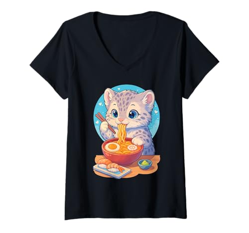 Damen Schneeleopard isst Ramen Nudeln Japanisches Vintage T-Shirt mit V-Ausschnitt von Schneeleopard Ramen Nudeln Retro Kawaii Shop