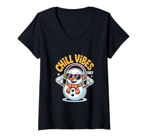 Damen Chill Vibes Only Schneemann Winter Weihnachten Lustig T-Shirt mit V-Ausschnitt von Schneemann Winter Weihnachten Lustig Musik Vibes