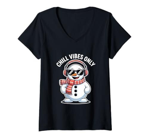 Damen Chill Vibes Only Schneemann Winter Humor Musik T-Shirt mit V-Ausschnitt Damen Chill Vibes Only Schneemann Winter Humor Musik T-Shirt mit V-Ausschnitt von Schneemann Winter Weihnachten Lustig Musik