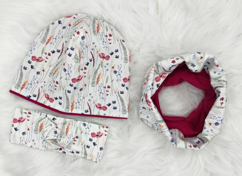Blumen/Blumenfeld Mütze Beanie Und Loop Schal Stirnband Set Oder Je Einzeln, Winter Set, Übergangs Kinder, Baby von SchneiderfeePetzi
