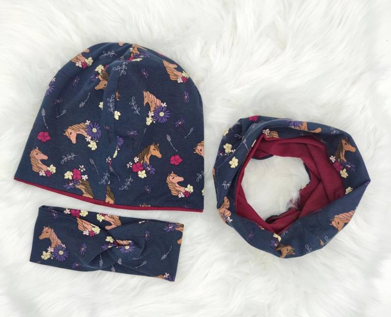 Pferde/Blumen Mütze Beanie Und Loop Schal Stirnband Set Oder Je Einzeln, Winter Set, Übergangs Kinder, Baby von SchneiderfeePetzi