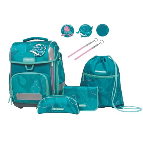 Schneiders Ergolite Aqua Love Mädchen Schultasche - 9-teiliges Set, Orthopädisch geprüft, mit LED-Leuchtstäben, nachhaltig & ergonomisch von Schneiders