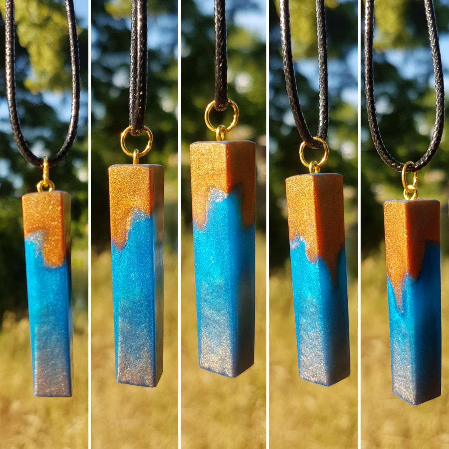 Kette Mit Anhänger Aus Epoxidharz - Metallic Blau Trifft Gold Form Länglicher Quader Leicht Verdreht Kette Mit Anhänger Aus Epoxidharz - Metallic Blau Trifft Gold Form Länglicher Quader Leicht Verdreht von SchniekeDesign