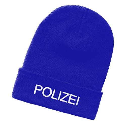 Schnoschi Blaue Strickmütze mit breitem Umschlag (Beanie Mütze) mit Polizei Bestickt für Herren, Damen, Jugendliche und Kinder von Schnoschi