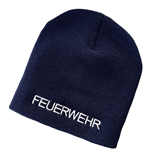 Schnoschi Dunkelblaue Strickmütze (Beanie Mütze) mit Feuerwehr Bestickt für Herren, Damen, Jugendliche und Kinder von Schnoschi