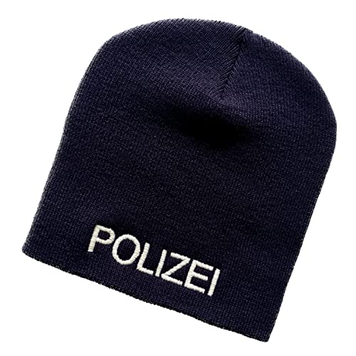 Schnoschi Dunkelblaue Strickmütze (Beanie Mütze) mit Polizei Bestickt für Herren, Damen, Jugendliche und Kinder von Schnoschi