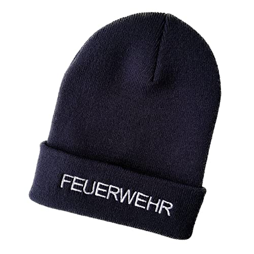 Schnoschi Dunkelblaue Strickmütze mit breitem Umschlag (Beanie Mütze) mit Feuerwehr Bestickt für Herren, Damen, Jugendliche und Kinder von Schnoschi