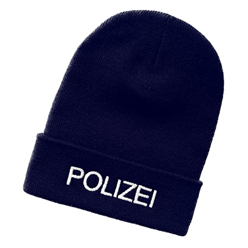 Schnoschi Dunkelblaue Strickmütze mit breitem Umschlag (Beanie Mütze) mit Polizei Bestickt für Herren, Damen, Jugendliche und Kinder von Schnoschi