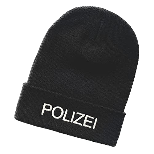 Schnoschi Dunkelgraue Strickmütze mit breitem Umschlag (Beanie Mütze) mit Polizei Bestickt für Herren, Damen, Jugendliche und Kinder von Schnoschi