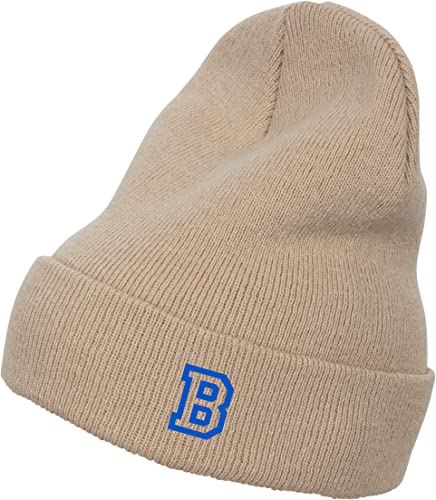 Schnoschi Hellbraune Strickmütze mit breitem Umschlag (Beanie Mütze) mit Initialen Bestickt für Herren, Damen, Jugendliche und Kinder von Schnoschi