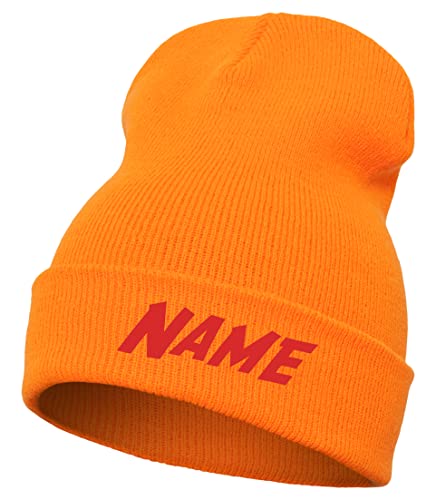 Schnoschi Orange Strickmütze mit breitem Umschlag (Beanie Mütze) mit Namen Bestickt für Herren, Damen, Jugendliche und Kinder von Schnoschi