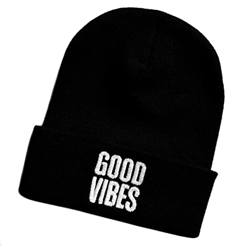 Schnoschi Schwarze Mütze/Strickmütze mit Good Vibes Spruch Bestickt für Damen, Herren, Jugendliche und Kinder, Beanie Wollmütze Hip Hop Wintermütze Rollmütze Streetwear Unisex OneSize von Schnoschi