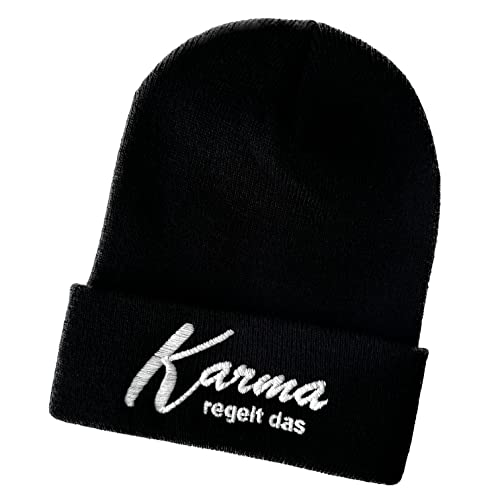 Schnoschi Schwarze Mütze/Strickmütze mit Karma regelt das Spruch Bestickt für Damen, Herren, Jugendliche und Kinder, Beanie Wollmütze Hip Hop Wintermütze Streetwear Unisex OneSize von Schnoschi