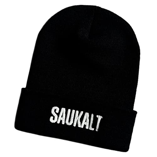 Schnoschi Schwarze Mütze/Strickmütze mit Saukalt Spruch Bestickt für Damen, Herren, Jugendliche und Kinder, Beanie Wollmütze Hip Hop Wintermütze Rollmütze Streetwear Unisex OneSize von Schnoschi